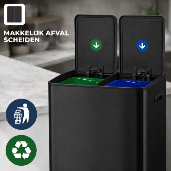 Bayt Mülleimer - Mülleimer 60 Liter (2x30) - Mülleimer 60 Liter - Treteimer 60 Liter - Mülleimer Mülltrennung - Mülleimer 2 Fächer - Mülleimer - Edelstahl - Schwarz