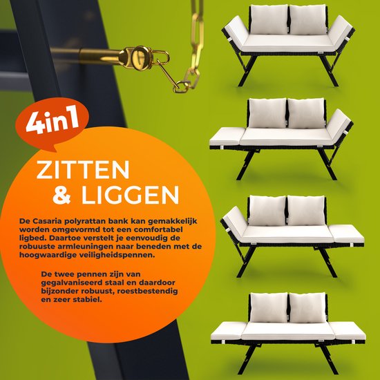 Casaria Polyrattan Gartenbank - 176 cm Verstellbar Inkl. Kissen - Schwarz