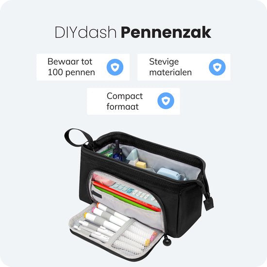 Diydash Federmäppchen XL - Federtasche - Federmäppchen - Schulmäppchen - Großes Federmäppchen - Schulbedarf - Trousse Scolaire - Für Mädchen, Jungen und Erwachsene - Schwarz