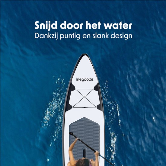 LifeGoods SUP Board Touring - 165 KG Belastbarkeit - 365 x 76 cm - Aufblasbar - Komplettes SUP Paket - Weiß/Schwarz
