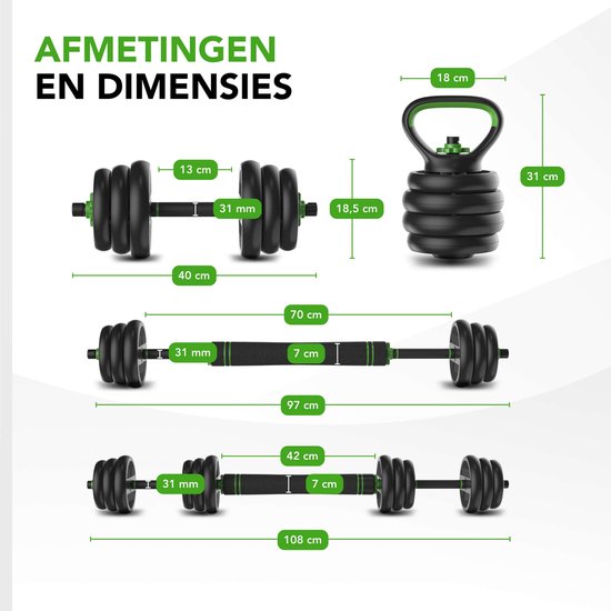 Tunturi Kurzhantelset und Kurzhanteln Vinyl 20 kg - Hantelset mit Kettlebell und Langhantel - Liegestützstützen - Schraubverschluss 30 mm - Anti-Rutsch-Griff