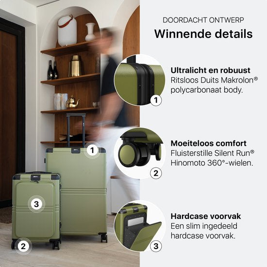ONYX Hybrid Pro Handgepäck Koffer mit Fronttasche 38 Liter - Recyceltes Polycarbonat und reißverschlussloses Design - Reisekoffer mit TSA-Schloss und Spinner-Rädern - Leichter Trolley mit Laptop-Fach - Olivgrün