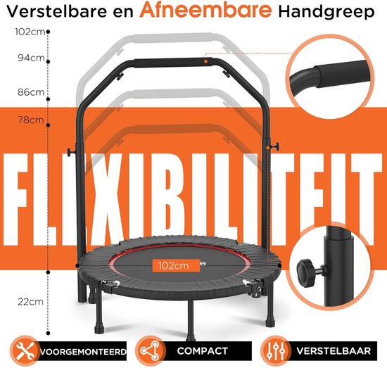 DH FitLife Fitness Indoor Trampolin faltbar ohne Montage | Ø102 cm 40 Inch | Belastbarkeit 150 KG | 4 verstellbare Griffpositionen | Stabil und leise für Kinder und Erwachsene
