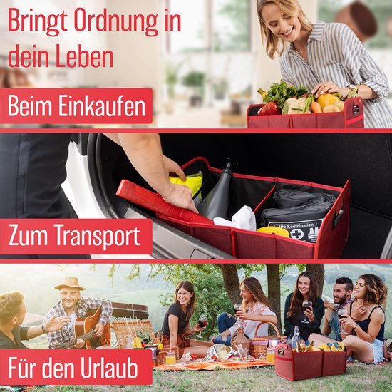 Kofferraumtasche faltbar und stabil - Kofferraum-Organizer Einkaufstasche zur praktischen Aufbewahrung - Auto-Faltbox, Kofferraumbox (rot)