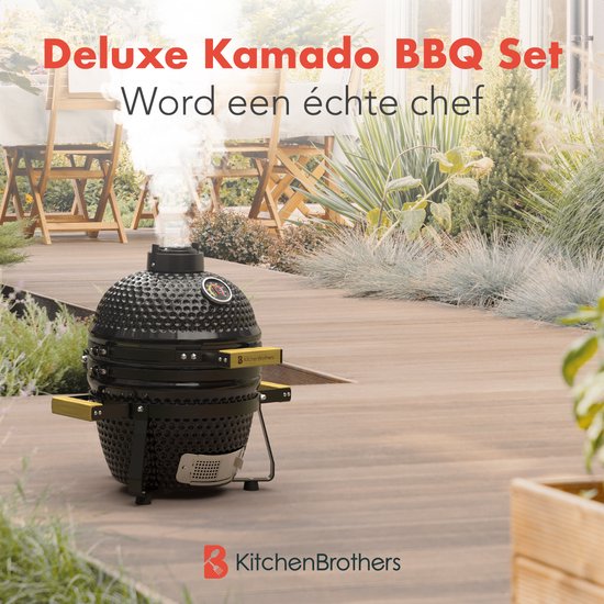 KitchenBrothers Kamado BBQ - 13 Zoll Holzkohlegrill - 27⌀ cm - Deluxe Set - Eiergrill mit Zubehör inklusive Abdeckung - Schwarz