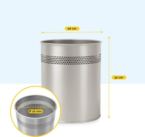 BRASQ Mülleimer Metall Büro/Haushalt - Mülleimer - Abfalleimer - Papierkorb - Rund - Mülleimer - Silber 15 Liter