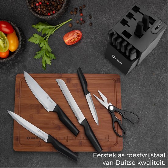 COOCK - Messerset mit Block und klappbarem Schneidebrett - Küchenmesser - Scheren - Wetzstahl (Messerschärfer) - 15-teiliges Küchenutensilien-Set im Messerblock - mit kratzfester Beschichtung - Edelstahl/Schwarz