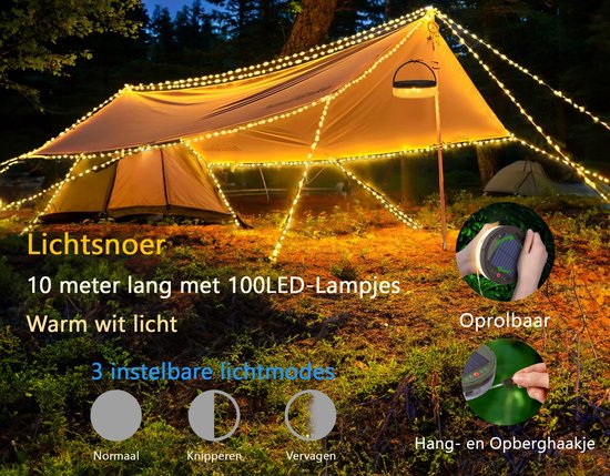Tech Essentials Solar Camping Light String - 100LEDs - 10M - Warm-Weiß-Licht - Zelt Licht - USB aufladbar - Mit Fernbedienung - Einziehbar - Camping Licht - Solar Pendelleuchte - Notfall
