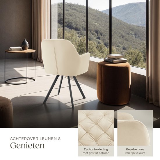 tectake - Drehstuhl - mit Arm- und Rückenlehne - 180-Grad-Drehung - Moderner Stuhl mit Stahlbeinen - Samt - Creme