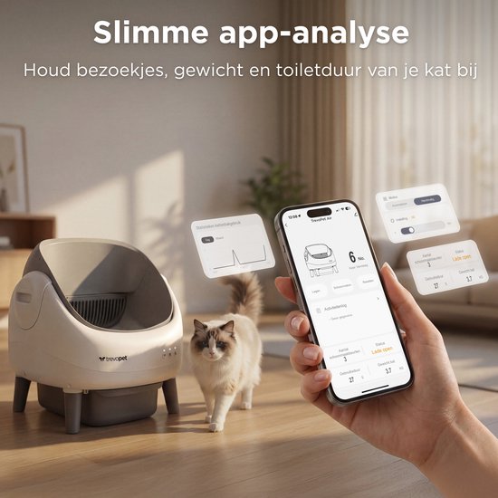 TrevoPet® Air - Automatische Katzentoilette mit App - Selbstreinigend & sicher - Für Katzen bis zu 12 kg - Inkl. Matte, 60 Abfallbeutel & Zubehör - 10-Liter-Abfallbehälter - Weiß & Grau