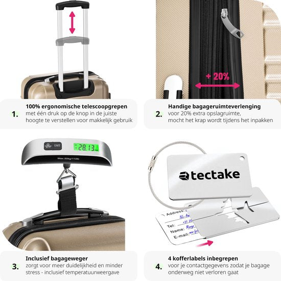 tectake - 4-teiliges Hartschalenkofferset - Reisekofferset mit Rollen - ABS - Teleskopgriff und Schloss - Inklusive Gepäckwaage - Trolleygrößen S-M-L-XL - Champagner