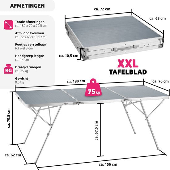 tectakeÂ® - Campingtisch Campingtisch Jumbo klappbar - Aluminiumgestell - 180 x 70 x 70,5 cm
