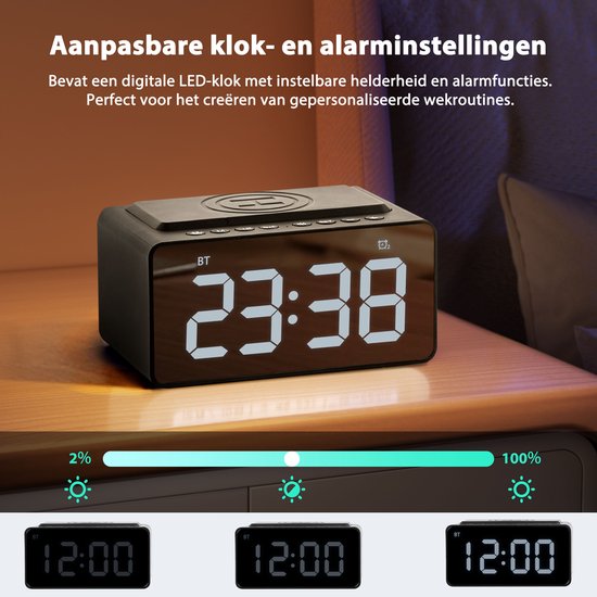 Digitaler Wecker - mit Radio, Bluetooth und kabellosem Ladegerät - Radiowecker - Snooze-Funktion - Schwarz - von Faas