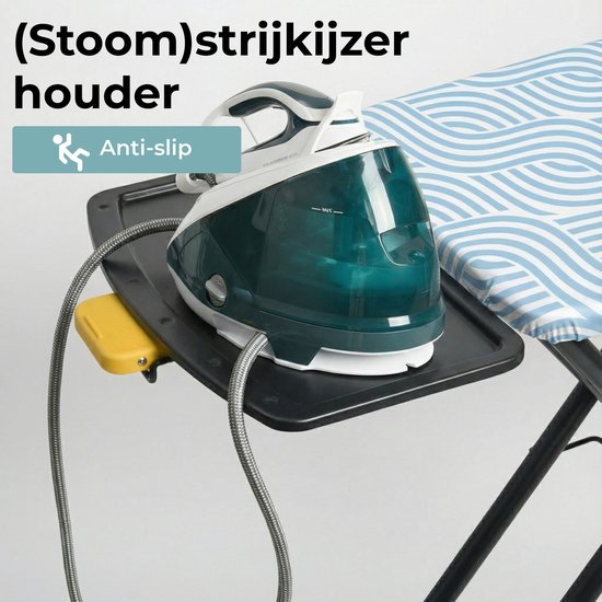 STAUS&BACH Bügelbrett X – für Dampfgenerator – 122 x 43,5 cm - Inklusive Ärmelbrett und Klappgestell - Höhenverstellbar von 76 bis 96 cm - Mit Halterung für Dampfbügeleisen - Blau - Ironiq Pro
