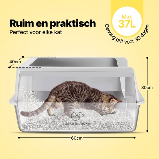 Jake und Jacky Edelstahl Katzentoilette - Offene Katzentoilette - Inkl. Katzentoilettenschaufel mit Halterung und Streusammelstufe - 60x40x30cm