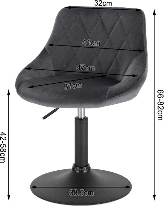 Rootz Velvet Barstool - Counter Chair - Verstellbarer Sitz - Drehhocker - Lounge Sessel - Gepolsterter Hocker - Küchenstuhl - Dunkelgrau - 22.0x19.3x15.7 inches