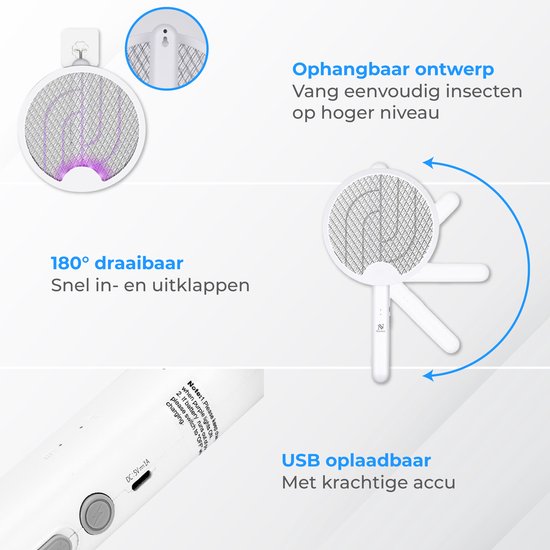 Nuvance Elektrische Fliegenklatsche - 180° drehbarer Griff - Mückenlampe - Usb aufladbar - Fliegenklatsche - Mückenfänger - Uv - Weiß