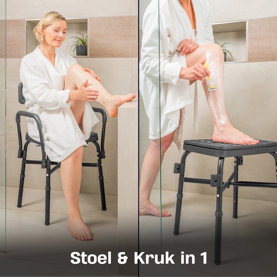 Sanicraft® Duschstuhl - Duschhocker mit Armlehne & Duschkopfhalterung - Stuhl & Hocker in 1 - Höhenverstellbar - Rutschfeste Beine - Schwarz