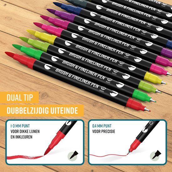 NAPI Twinmarkers - 24 Marker für Erwachsene - Doppelseitige Brush Pens - Fineliner Farbe - Filzstifte Handlettering - Bullet Journal Zubehör - Brush Pens Aquarell - Marker Kinder - Marker inkl. 2 Mandala-Schablonen