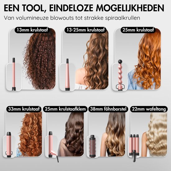 Sansbeauté® 7 in 1 Lockenstab - Mit Klemme und Waffelzange - Keramik-Lockenstab - 13mm bis 38mm - Für kurzes Haar - Wärmebürste - Lockenzange - Thermobürste - Haarstyler