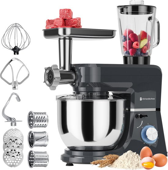 KitchenBrothers Küchenroboter - 6-in-1 Küchenroboter - 1500W - Mit Fleischwolf, Mixer und 15 Zubehörteilen - 6,2L Edelstahlschüssel - Anthrazit
