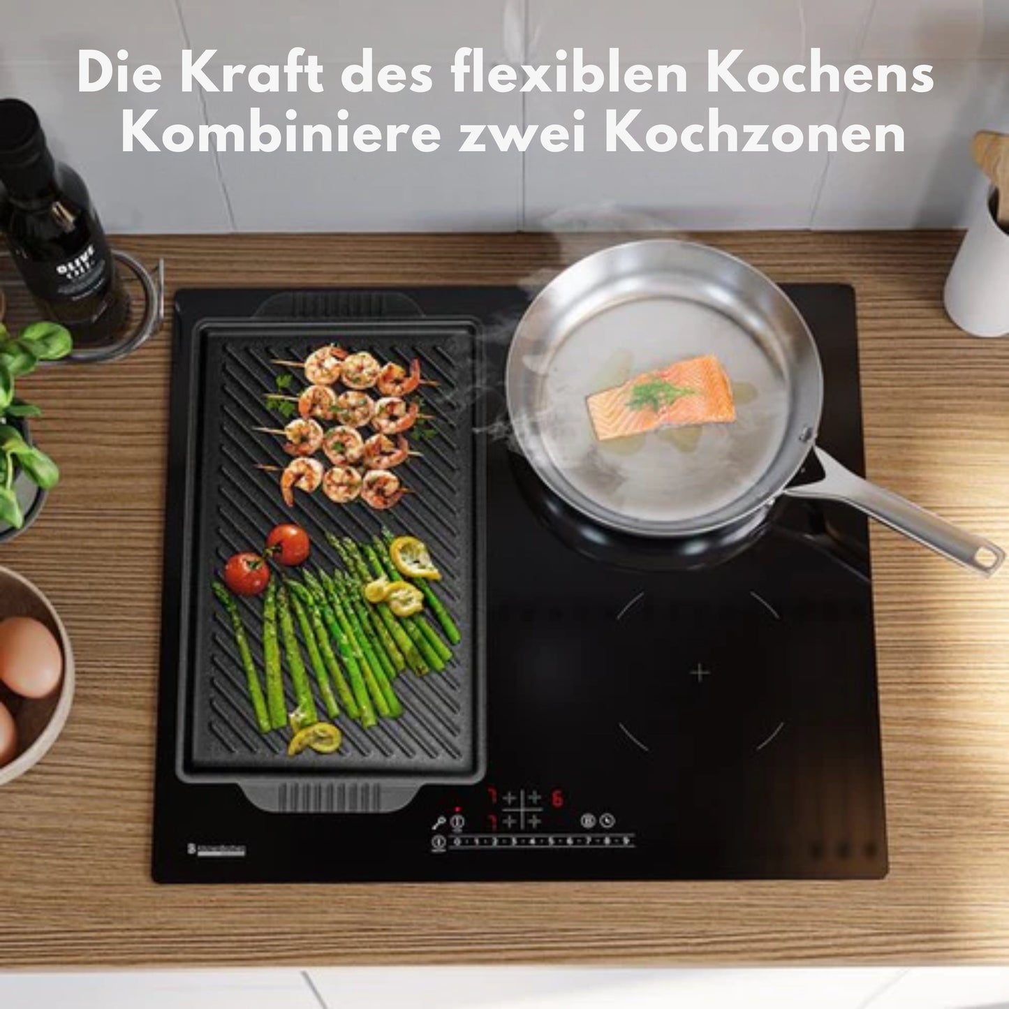 KitchenBrothers Induktionskochfeld - Einbau-Induktionskochfeld - 60 cm - 4 Zonen - 1x Flexzone - 1 und 2 Phasen - Bis zu 2400W - Schwarz