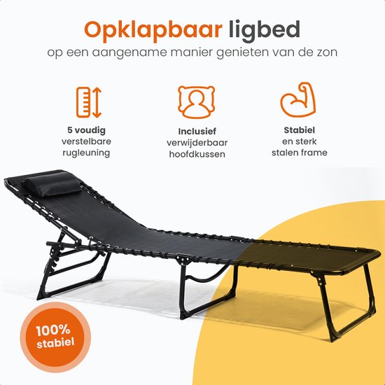 Goliving Liege - 5 Ständer - 188 x 56 x 29 cm - Faltbare Sonnenliege - Faltbare Strandliege - Gartenliege - Inklusive Kopfkissen - Verstellbare Rückenlehne - Schwarz