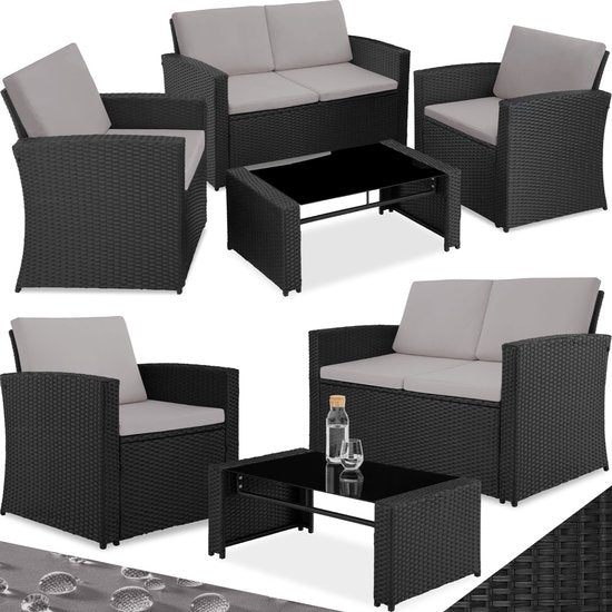 tectake Geflecht-Gartenset für 4 Personen - 2-sitzige Gartenbank und 2 Gartenstühle - Tisch mit abnehmbarer Glasplatte - Bequeme Sitz- und Rückenkissen - Lounge-Set für Garten, Terrasse, Balkon - Schwarz