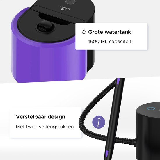 Motionflow Dampfreiniger PRO - Tiefenreinigung mit Heizfunktion - 1500W 1,5L Wassertank - Handdampfreiniger zur Tiefenreinigung von Boden, Sofa, Bad und Teppich - Teppichreiniger & Fleckenreiniger - Sitzreiniger - Schwarz