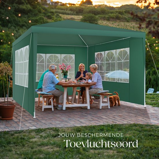 tectake® Pavillon - mit verstärktem Rahmen - Partyzelt 3x3 m - wasserdichte Plane - abnehmbare Seitenwände - wetterfester Gartenpavillon - inklusive Spannleinen und Heringe - grün - Pop-up-Faltzelt