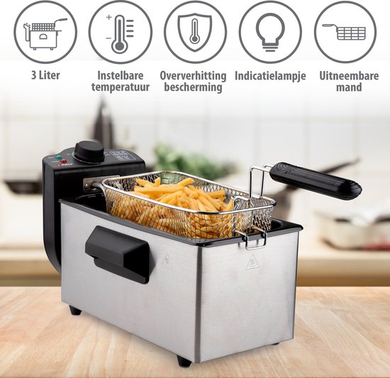 alpina Friteuse - Bratpfanne - 3 Liter - 2000 Watt - Edelstahl - Mit Thermostatknopf
