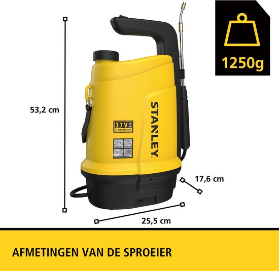 Stanley Drucksprühgerät 5 L, Drucksprühgerät, Gartensprühgerät, elektrisch, wiederaufladbare Lithium-Batterie, Teleskop-Lanze, verstellbare Düse, Autonomie 2,5 h, max 2 bar, 0,33 L/Minute, gelb/schwarz
