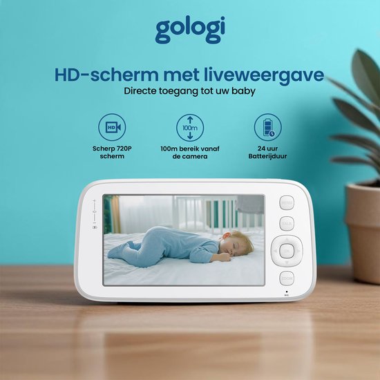 Gologi Babyphone mit Kamera - Babyphone - Babykamera - Ferngesteuert über App und Bildschirm - Weiß