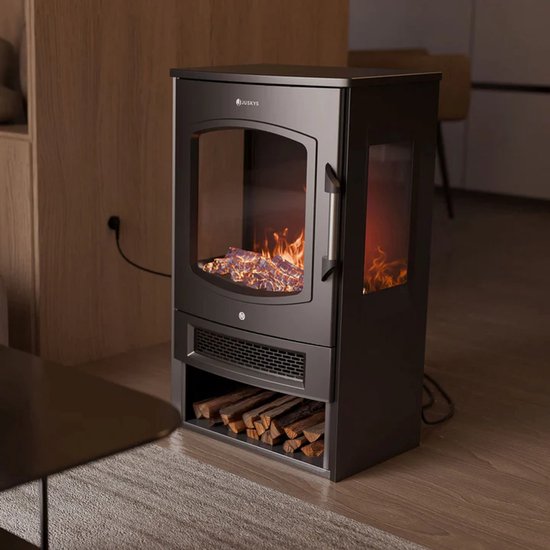 Elektrokamin / Atmosphärischer Kamin - 1800W - Inkl. Flammeneffekt, Wärmefunktion und App-Steuerung - Schwarz, Kaminofen Freistehend