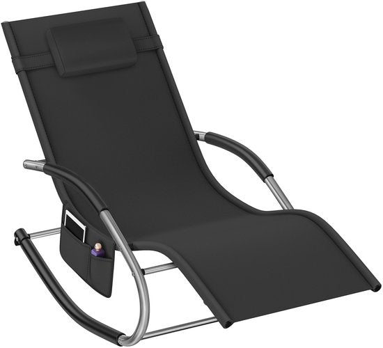 tectake® Liege Taya - Ergonomische Liege für Garten, Terrasse, Balkon - Relaxsessel mit Schaukelfunktion - Gartenstuhl mit bequemen Armlehnen, Kopfstütze und Ablagefach - wetterfest und wasserabweisend - 120kg Tragkraft - Schwarz