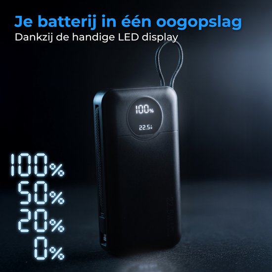 Nuvance Powerbank 20000 mAh – 22,5 W Schnellladegerät mit USB-C und 8-Pin-Anschluss – Notfallpaket – 2 Anschlüsse – 2 integrierte Kabel – Powerbank