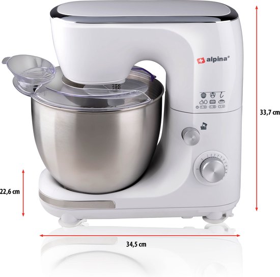 alpina Food Processor - Küchenroboter - 5L Edelstahl-Mixbehälter - 3 Zubehörteile - Weiß