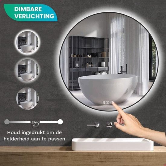 Mirlux Badezimmerspiegel mit LED-Beleuchtung & Heizung - Wandspiegel rund - Anti-Kondensations-Duschspiegel - Mattschwarz - 100CM