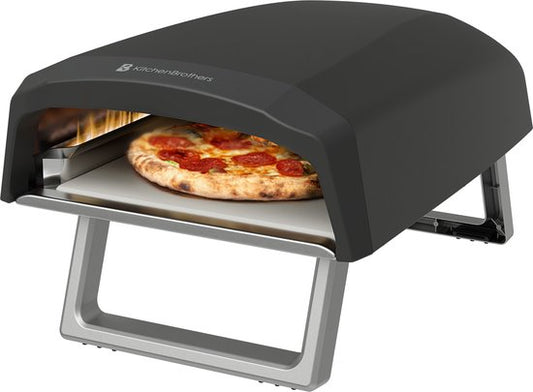 KitchenBrothers Pizzaofen - Gas - Tischplatte - faltbar - Pizzastein - Doppelbrenner - Outdoor-Pizzaofen - schwarz/grau - Vatertagsgeschenk