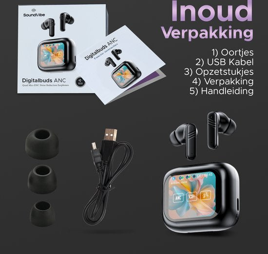 SoundVibe® - Kabellose Ohrhörer mit Geräuschunterdrückung - Schwarz - Bluetooth-Ohrhörer - Kopfhörer mit Geräuschunterdrückung - LX-10 Earpods mit Bildschirm - Funktioniert mit Apple und Android - Earpods USB C - Kabellose Ohrhörer - Drahtlose Ohrhörer