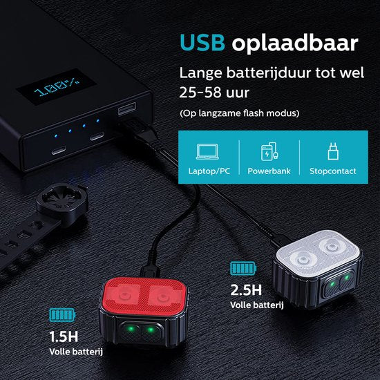 Inlustro Fahrradlicht-Set - Front-/Rücklicht - LED-Fahrradlicht rot und weiß - Fahrradlicht-Scheinwerfer - wasserdicht - USB wiederaufladbar