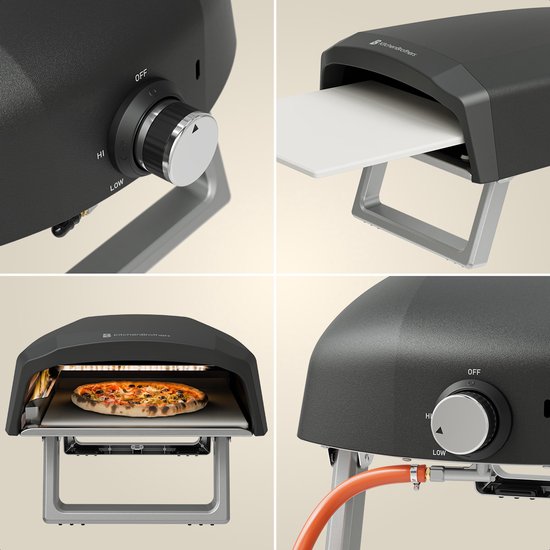 KitchenBrothers Pizzaofen - Gas - Tischplatte - faltbar - Pizzastein - Doppelbrenner - Outdoor-Pizzaofen - schwarz/grau - Vatertagsgeschenk