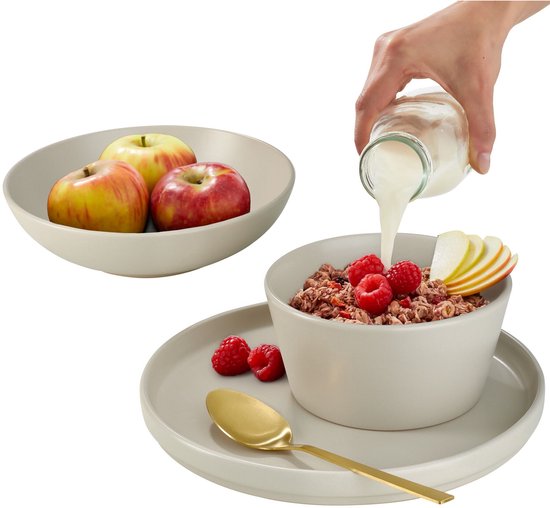 tectake® Geschirrset Una - 24-teilig - Steingut - 6 Personen - Stilvolles und langlebiges Geschirr - Tellerset mit großen und kleinen Tellern, Schalen, Schüsseln, Schälchen - Taupe