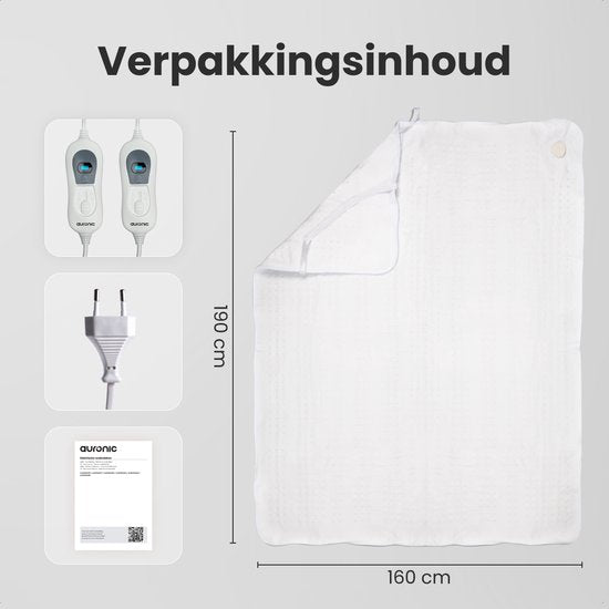 Auronic Electric Blanket XL - 190x160 cm - 2 Personen - Spannbetttuch mit elastischen Bändern - Heizdecke - Weiß