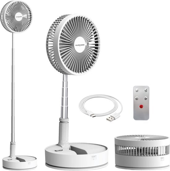 Vulpes Goods® Tech Wireless Tripod Fan - 4-in-1 wiederaufladbarer Ventilator - Leise & einstellbar - PRO Version - Weiß