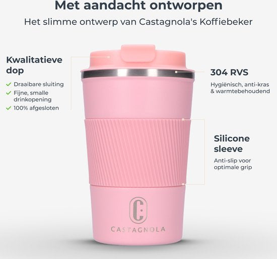 Castagnola Thermos Cup - Kaffeebecher To Go - Reisebecher für Kaffee und Tee - Teebecher - 380 ML - Edelstahl - Pink