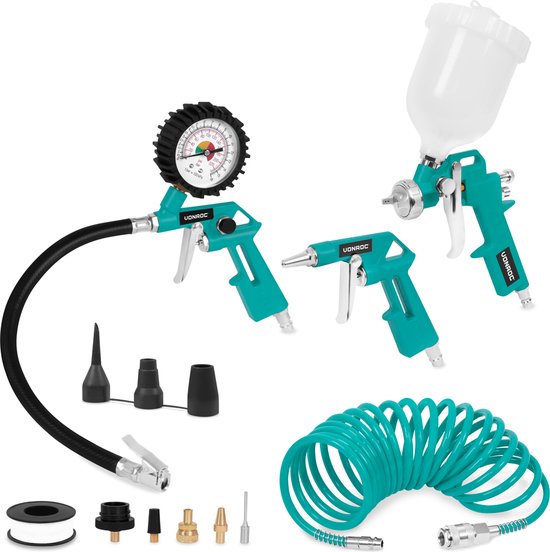 VONROC Druckluftwerkzeug-Set - 4-teilig - Reifenpumpe, Luftpistole, Farbspritzgerät und 5m Spiralschlauch - Universal EURO/DIN 7,2mm Kupplung