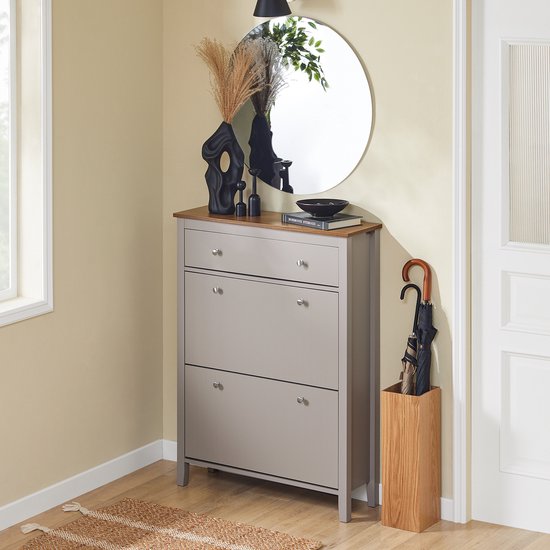 SoBuy FSR89-KA Schuhschrank mit 2 Klappen & großer Schublade - 12 Paar Schuhaufbewahrungsschublade für Diele, Flur - Schuhregal hellbraun, 80×25×108cm