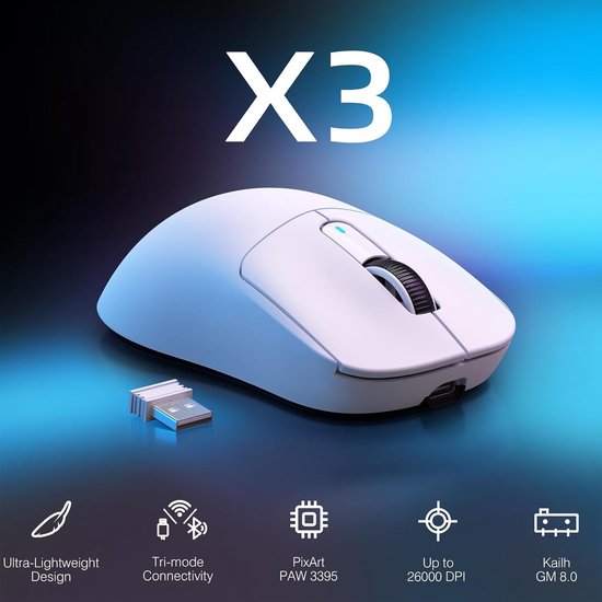 ATTACK SHARK X3 Kabellose Gaming-Maus - Kabelgebunden/2.4G/BT5.4 - Leichtgewicht 49G - 26000DPI - Weiß