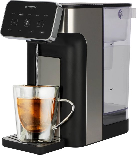 Inventum HWD725B Heißwasserspender - Fassungsvermögen 2 Liter - 45°C bis 100°C - Touch-Display - BPA-frei - Wasserkocher - Heißwasserhahn - Anti-Kalk-Filter - 2600 Watt - Schwarz/RVS